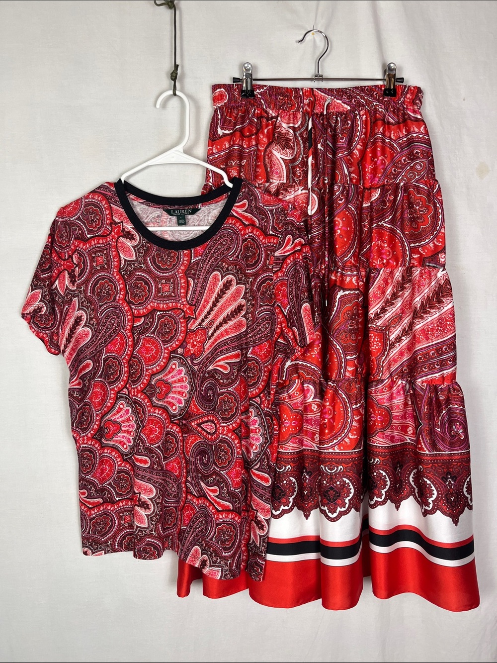 Lauren Ralph Lauren 90s Paisley Handkercheif Tiered Skirt and Shirt Set